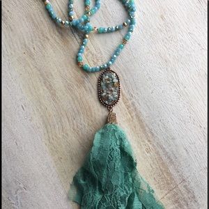 Teal Tassel on Teal Beaded Necklace NWT